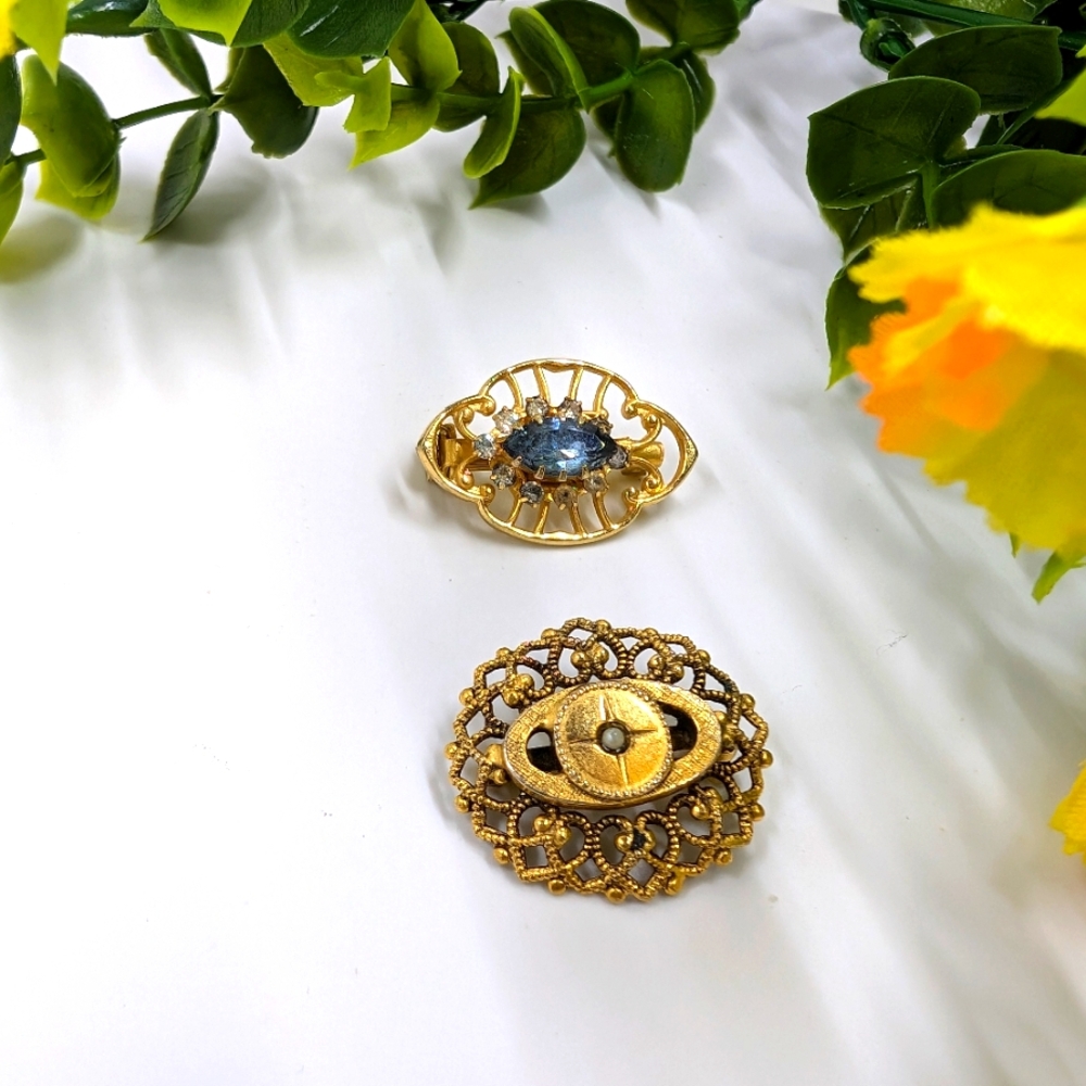 Lot of 2 Vintage Micro Brooches with Crystal Accents
